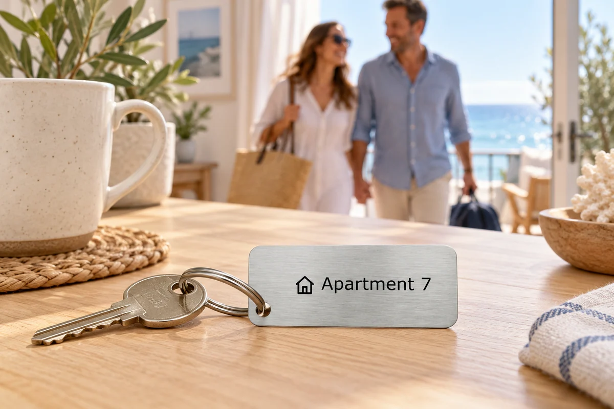 Rechteckiger Edelstahl-Schlüsselanhänger Apartment 7 mit Hausmotiv auf einem Willkommenstisch in einer Ferienwohnung
